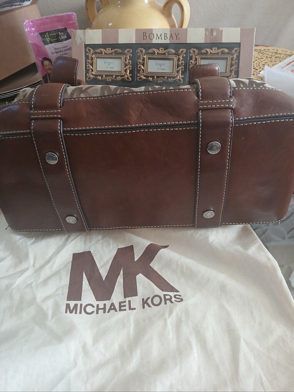 Vintage Michael Kors Brown MK Logo Canvas Satchel with Leather Trim - Picture 3 of 13